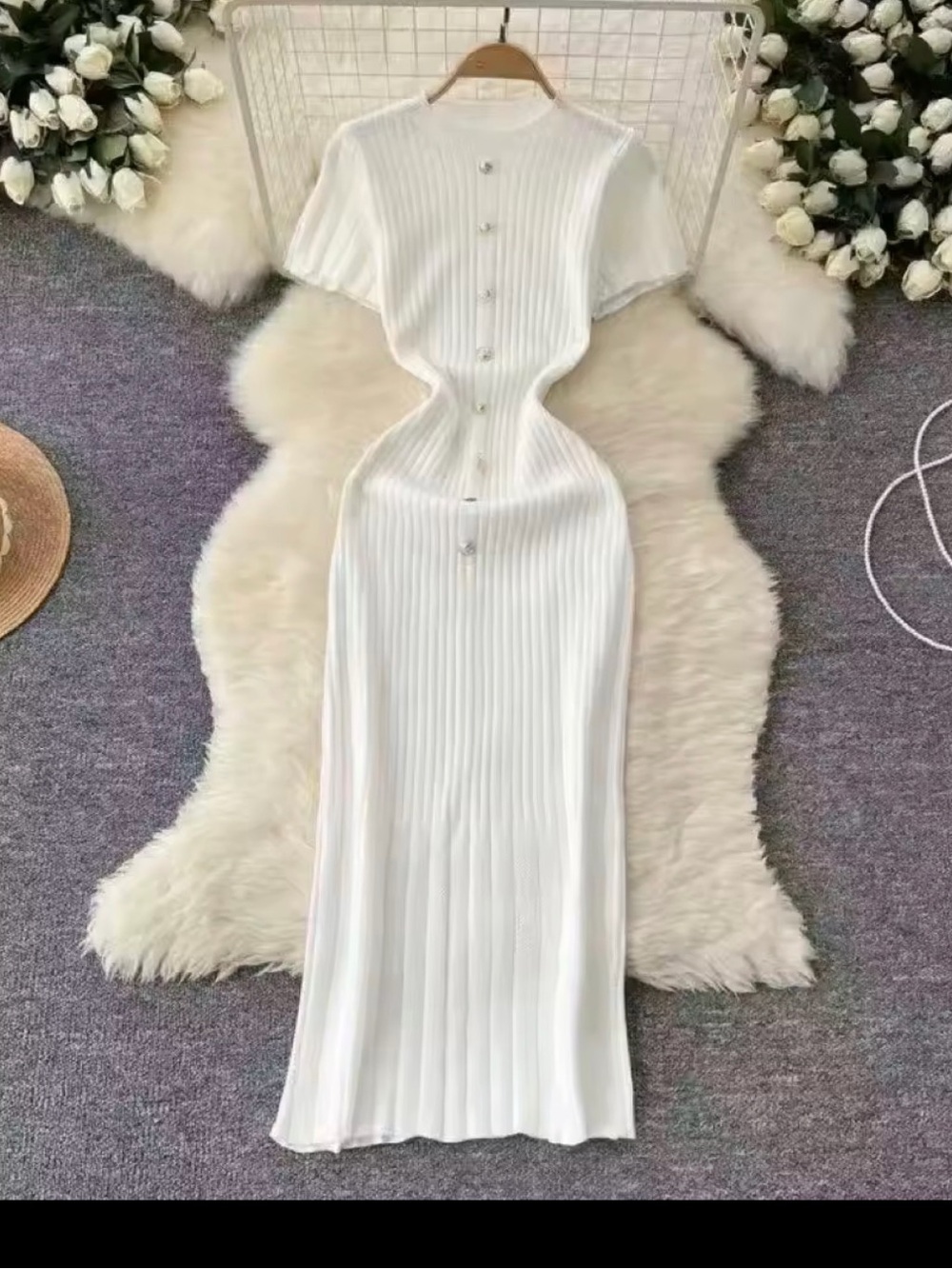 Elegant White Ribbed Button-Front Maxi Dress
